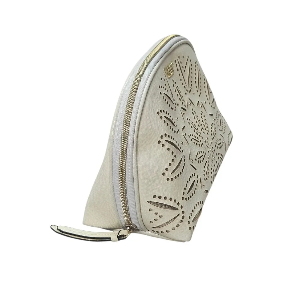 Victorias Secret Cream Laser Cut Floral Dome Cosmetic Bag‎ Makeup Travel Pouch